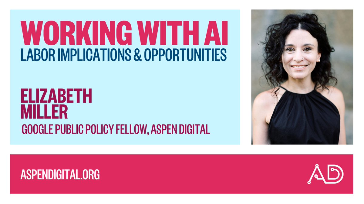 Aspen Digital (@aspendigital) on Twitter photo How might #AI impact #labor? What are the risks? What are the glimmers of hope? We convened 21 experts in #economics, #technology, #HumanResources, labor, and #policy to discuss. Elizabeth Miller, <a href="/googlepubpolicy/">Google Public Policy</a> fellow, breaks down their insights: aspendigital.org/blog/working-w… How might #AI impact #labor? What are the risks? What are the glimmers of hope? We convened 21 experts in #economics, #technology, #HumanResources, labor, and #policy to discuss. Elizabeth Miller, <a href="/googlepubpolicy/">Google Public Policy</a> fellow, breaks down their insights: aspendigital.org/blog/working-w…