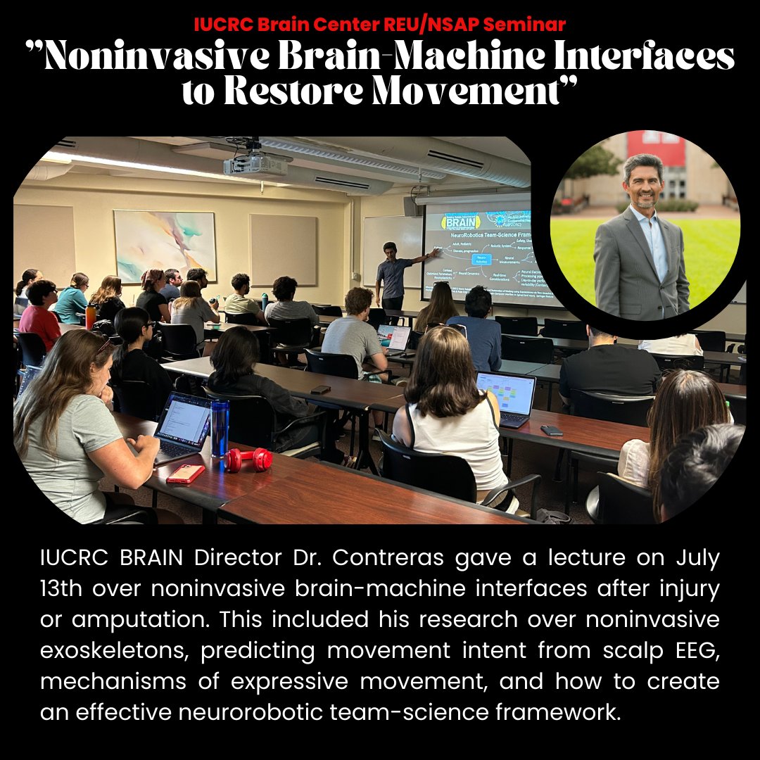 iucrcbrain's tweet photo. IUCRC BRAIN Director Dr. Jose Contreras-Vidal gave a lecture on July 13th over noninvasive brain-machine interfaces after injury. It included intricate details of brain-powered exoskeletons, how to predict movement intent from scalp EEG, and the challenges faced along the way. https://t.co/9WRfgcuMjl