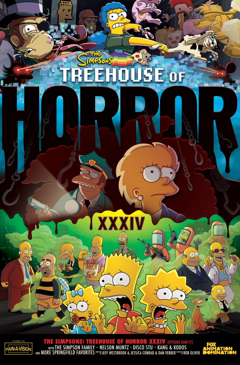The poster for "Treehouse of Horror XXXIV" has been revealed. simpsonswiki.com/wiki/Treehouse… #TheSimpsons #SDCC