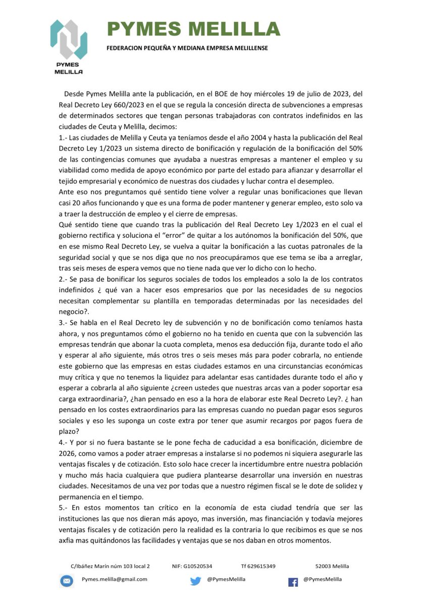 cadenasermel's tweet photo. 📢 Ante el RD 660/2023 @PymesMelilla cuestiona qué sentido tiene volver a regular algo que lleva 20 años funcionando

❌ Critican que sea una subvención con fecha de caducidad, no una bonificación

➡️ Reivindican la anulación del RDL 1/2023 para mantener las bonificaciones https://t.co/cSWNZJtfd3