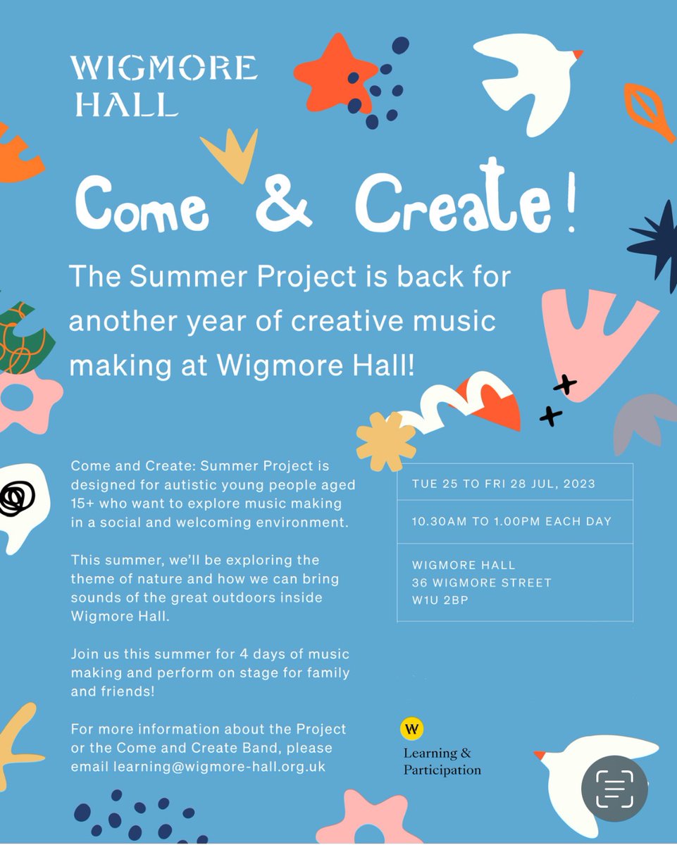 there’s a couple of spaces still available for autistic people aged 15+ to join ‘Come &amp; Create’s 4 day music project next week 🎵 (Tue 25th - Fri 28th July, 10.30am - 1pm at Wigmore Hall, near Oxford Circus, London)

for more info, email Joyce: ✉️joyce.voegler@wigmore-hall.org.uk