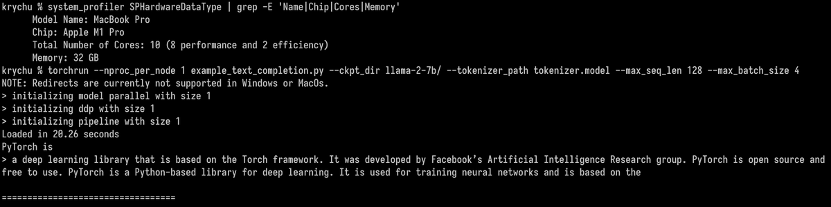 krychusamp's tweet photo. Made a simple adaptation to run llama2 on the CPU: https://t.co/vvcR5fLNji

1 word per ~1.5 secs on Mac Book M1 for 7B model.
#Llama2 #LLM #LLMs #ai https://t.co/pBuRQdOFmo