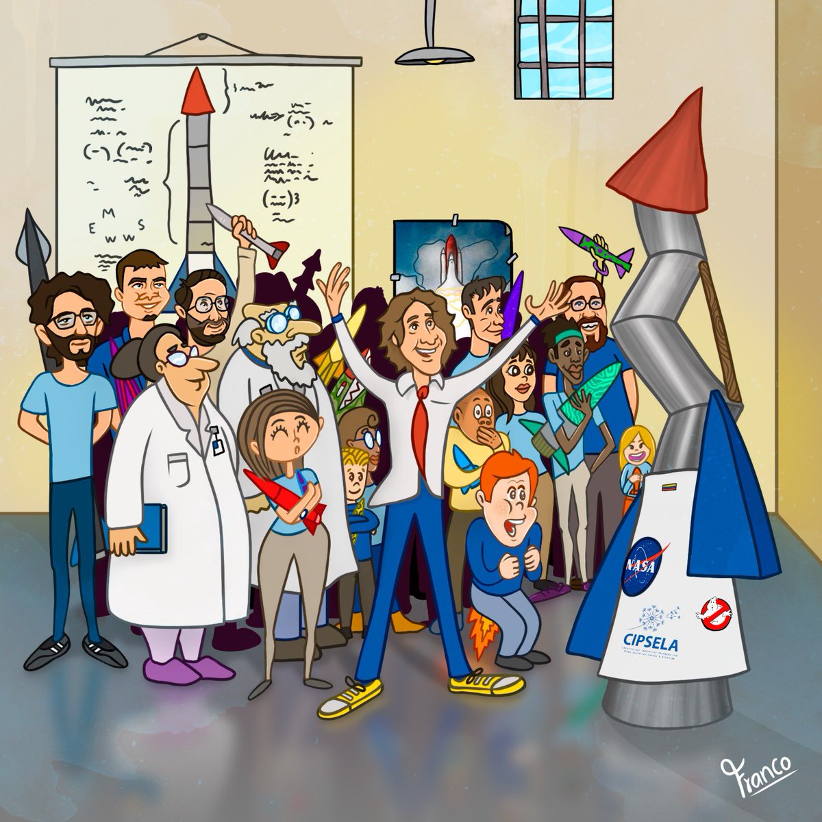 DavidPinedaVa's tweet photo. Como este año estaremos en modo “Rockets”, mi amigo Santiago Franco me obsequió esta hermosa ilustración para comenzar la promoción del primer “Concurso Colombiano de Cohetería Deportiva” de @CipselaCorp 😃 ¡Gracias Santi! 

Aparecen hasta @FitoPaezMusica  y @policracker ❤️🚀😱 https://t.co/MpJQFEgLKV