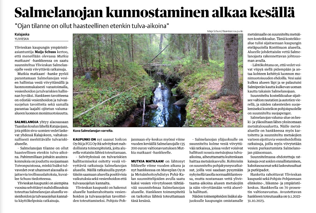 Päivän Kalajaskassa juttu meidän <a href="/YKaupunki/">Ylivieskan kaupunki</a> Mutkia matkaan! -hankkeesta. Hankkeen suunnitelmat on saatu valmiiksi ja pian päästään toteuttamaan vesienhoidon toimenpiteitä Ylivieskan Salmelanojalla. #vesiensuojelu #vedenvuoro
lehdet.hillagroup.fi/kalajokilaakso…