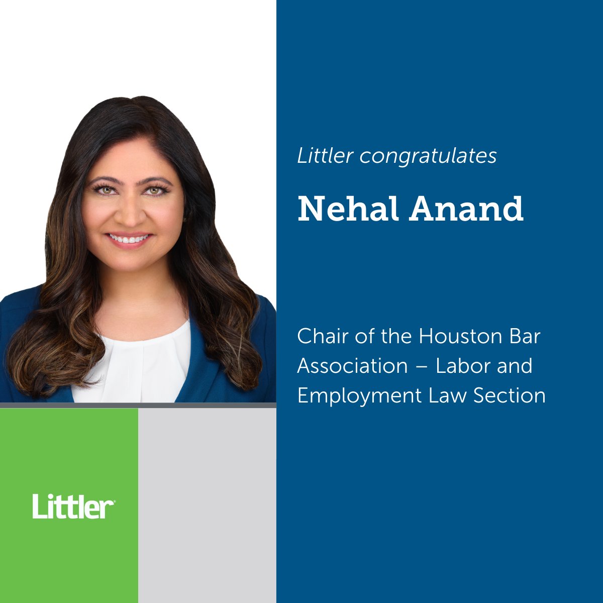 Littler's tweet photo. Congratulations to Littler’s Nehal Anand on becoming the Chair of the Houston Bar Association – Labor and Employment Law Section! #localeverywhere #Houston #Texas #employmentlaw @thehba https://t.co/a9ChewYHxX https://t.co/DNJdXQqLY8