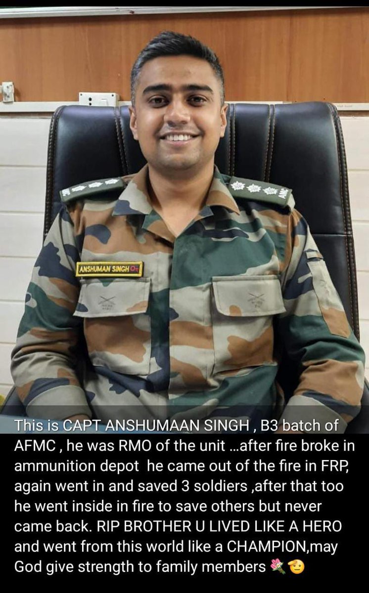 Om shanti Braveheart
You made the supreme sacrifice while performing your duties, you've set a fine example of leadership and saftey of your men above everything else. 
Proud of you dear, may you attain Sadgati
#AFMC
#B3
#AFMCite
#OpMeghdoot
#Om_Shanti
#Braveheart