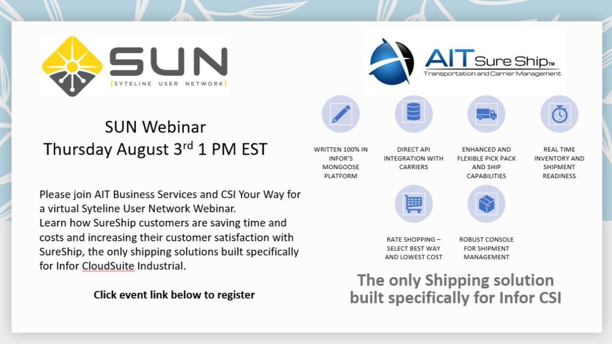 AITBusiness's tweet photo. SUN Webinar August 3rd, 1-2pm EST-Flex Your Pick Pack and Ship with SureShip. Click below to register.

https://t.co/NI1xoqJmwp https://t.co/NWrsKrDLmi
