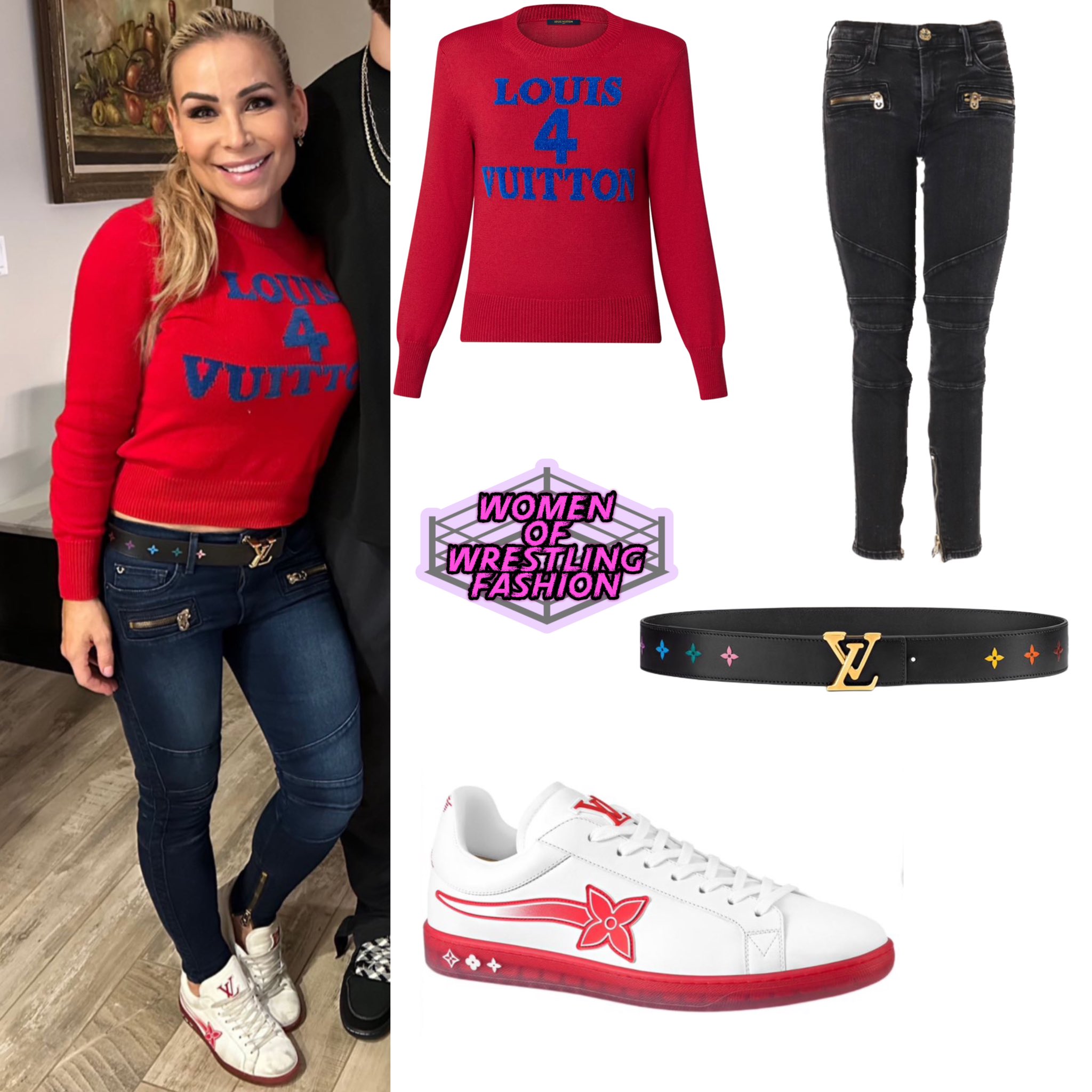 Women of Wrestling Fashion on X: .@NatbyNature is wearing the Louis 4  Vuitton Knitted Pullover in Red ($1,320) and New Wave 35MM Belt (n/a), and  Luxembourg Samothrace Trainers (1A9FYO) (n/a) all from