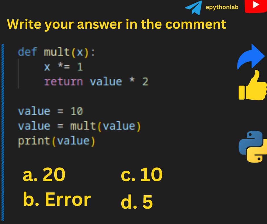 epythonlab1's tweet image. 🐍Python Challenge: What is the output of the following code snippet?
➕ Learn more  coding challenges
lnkd.in/ezpc-TFR
✅ Join Telegram: t.me/epythonlab/
#epythonlab #python #pythontricks #pythonchallenge #100DaysOfCode