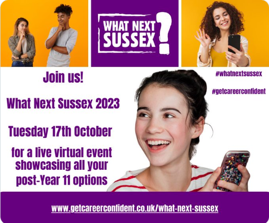 What Next Sussex! It’s big, it’s free, it’s action-packed and it's coming on Tues 17th Oct! Chat with careers experts, meet local employers, hear about exciting courses and get advice on next steps, there’s everything you need in one place! #WhatNextSussex getcareerconfident.co.uk/what-next-suss…