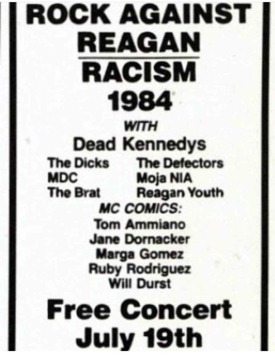 “On this day in 1984
ROCK AGAINST REAGAN at Moscone Center, San Francisco, CA, USA. with The Dicks, M.D.C., Reagan Youth, The Brat and more.”

#RockAgainstRacism 
#Throwback