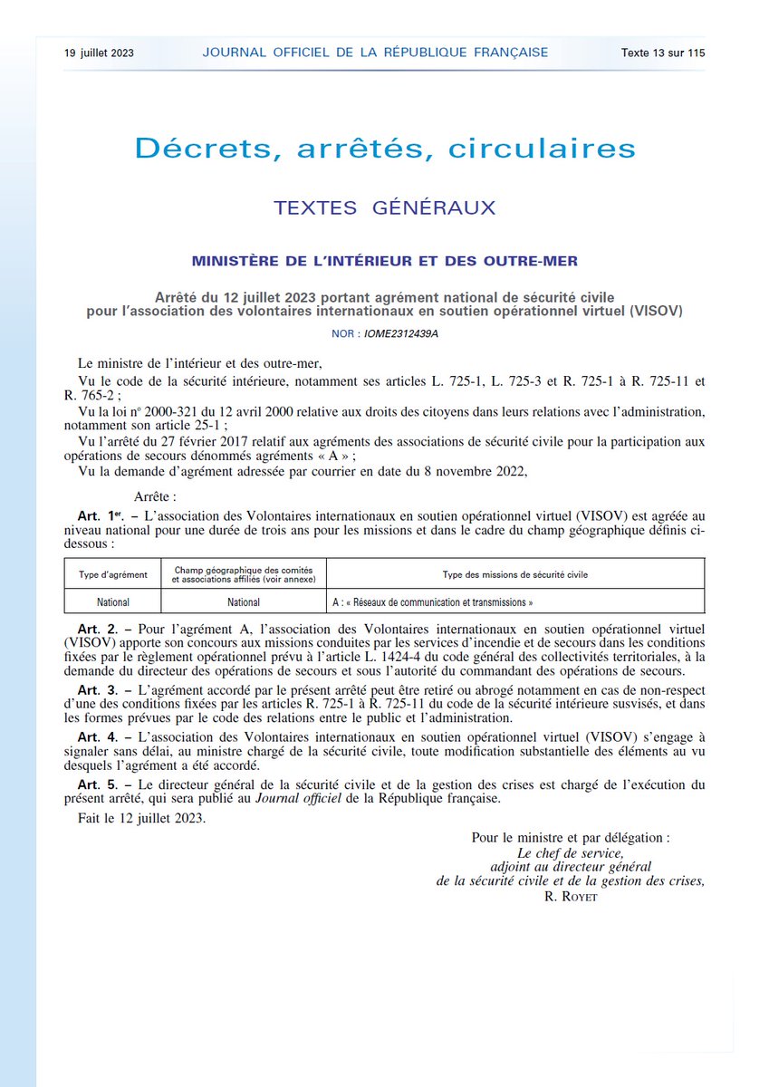 C'est officiel : l'arrêté du 12 juillet 2023 portant agrément national de sécurité civile de VISOV a été publié au #JORF ce matin. Les #MSGU rejoignent les thématiques des #AASC ! 👏👏 
Merci <a href="/SecCivileFrance/">Sécurité Civile</a> pour cette reconnaissance.