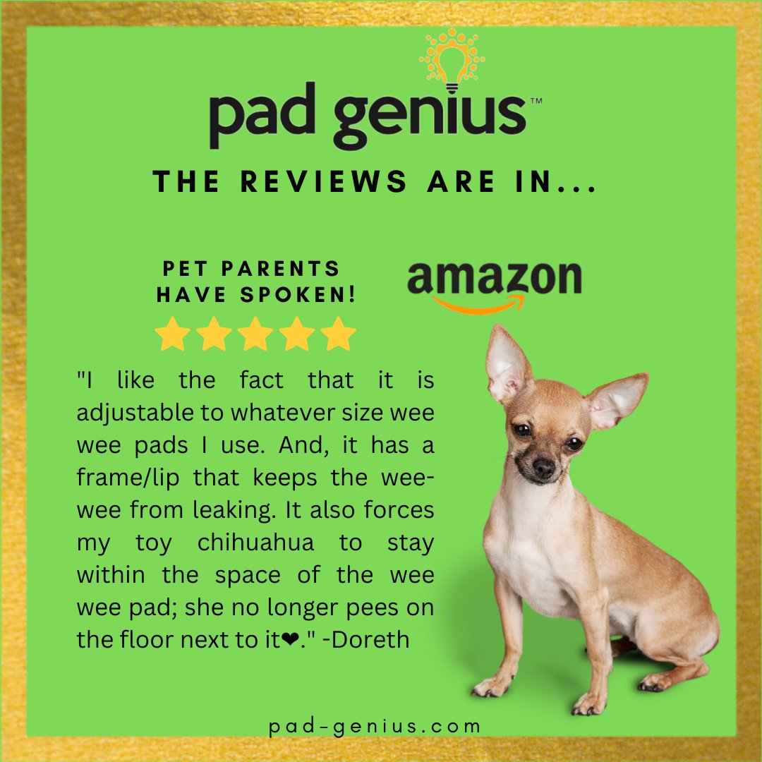 "I like the fact that it is adjustable to whatever size wee wee pads I use.  It also forces my toy chihuahua to stay within the pad; she no longer pees on the floor next to it❤️." -Doreth W.
🐶🐕

BUY NOW!: pad-genius.com

#puppytraining #petparents #gooddog #puppypads