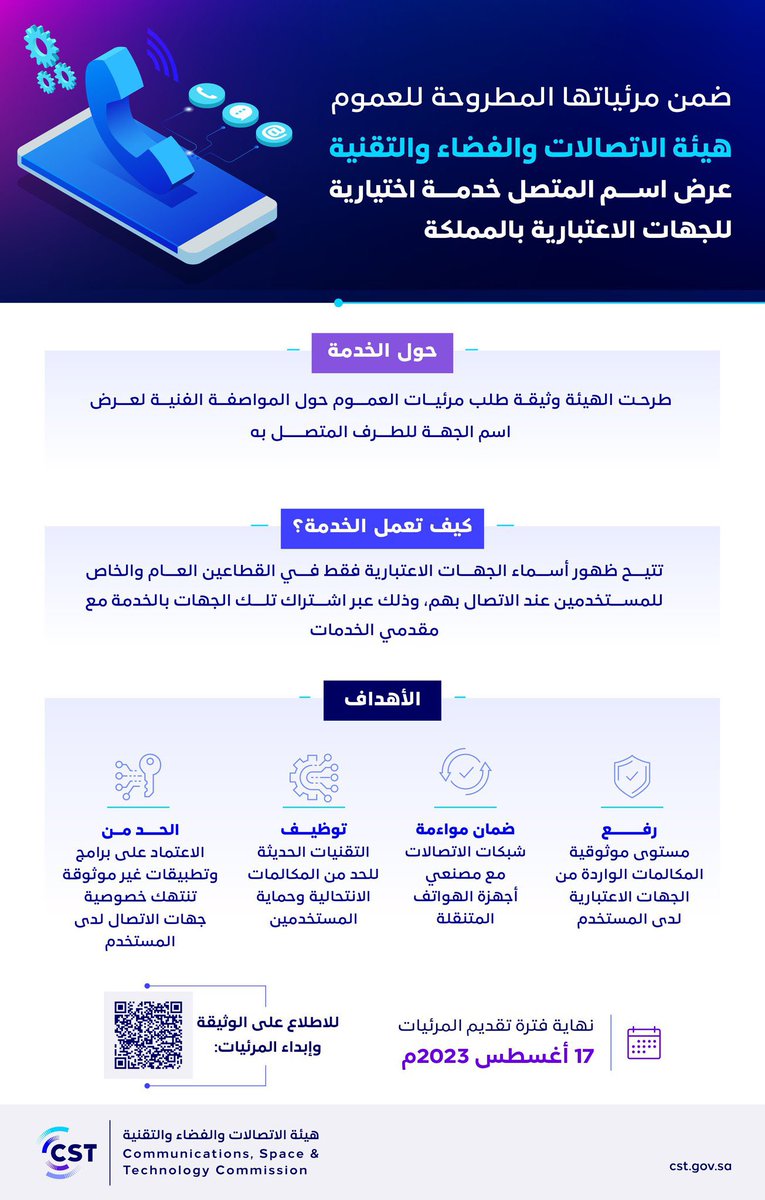 #هيئة_الاتصالات:
عرض اسم المتصل خدمة اختيارية
للجهات الاعتبارية بالمملكة
لرفع مستوى موثوقية المكالمات الواردة
من الجهات الاعتبارية لدى المستخدم