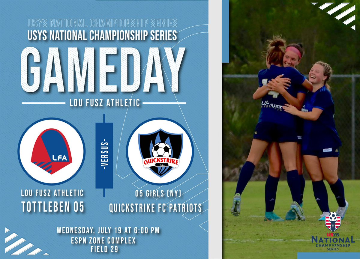 Day 2 🎬

🆚 Quickstrike FC Patriots 
⏰ 6:00 PM EDT
📍 Orlando, FL
🏟️ ESPN Zone Complex 
⚽️ Field 29

<a href="/LouFuszSoccer/">Lou Fusz Soccer Club</a> | #foritall