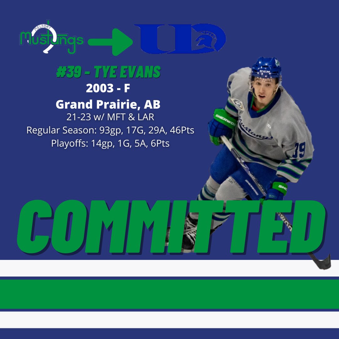 COMMITMENT: The Mustangs are proud to announce that '03 F Tye Evans has committed to the University of Dubuque for the 23/24 season! Evans played over 100 games in the SJHL, including 63 for the Mustangs between 2021 and 2023. Congrats, Tye! More: melfortmustangs.com/evans-commits-…