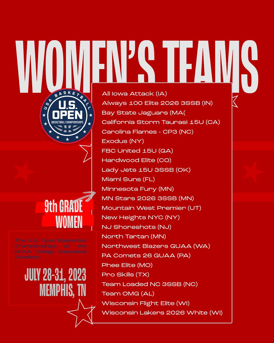 Nothing blue about this crew 🎶

The 9th Grade Women's teams to play the 2023 U.S. Open Basketball Championships 👇

The Women's Championships tip off July 28 in Memphis! 🇺🇸 #USOpenBasketball