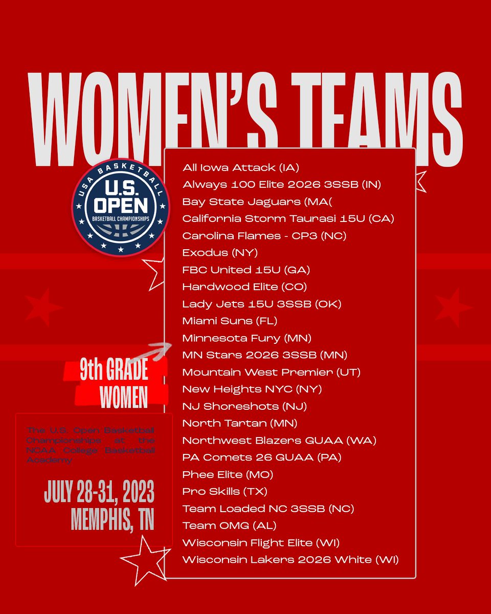 Nothing blue about this crew 🎶 The 9th Grade Women's teams to play the 2023 U.S. Open Basketball Championships 👇 The Women's Championships tip off July 28 in Memphis! 🇺🇸 #USOpenBasketball