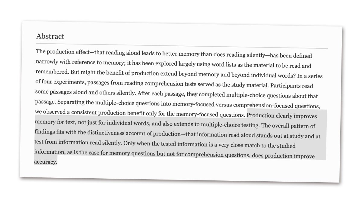 🚨 New study on reading aloud (vs reading silently). Findings:

→ Reading aloud leads to better memory of the text
→ This makes sense, given 'the production effect'
→ However, it does *not* improve comprehension...

link.springer.com/article/10.375… (🔒)