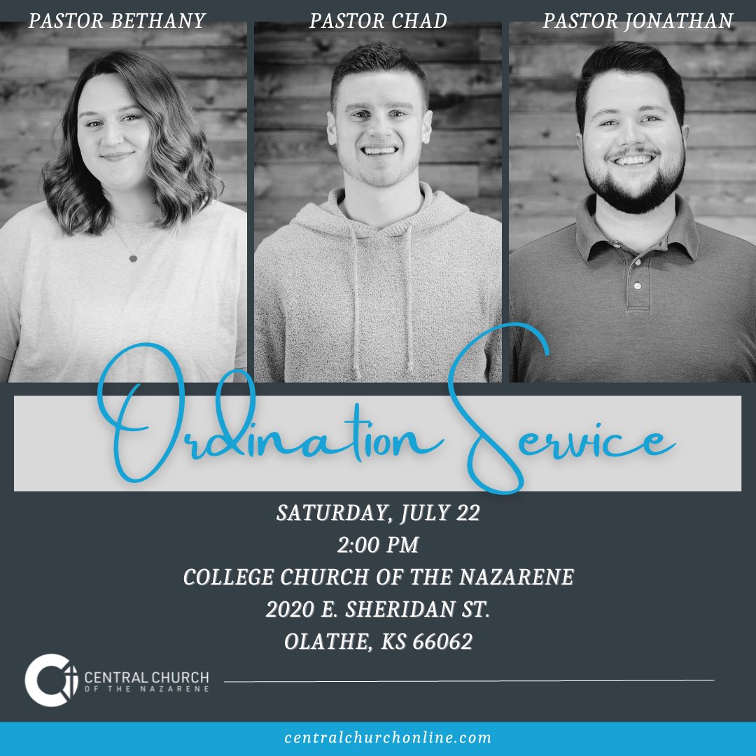 You are invited to celebrate a once in a life time accomplishment of ordination with three of our very own pastors. Yes, three of our Pastors!! Pastor Bethany Acre, Pastor Chad McAdory and Pastor Jonathan Acre who will be ordained this Saturday, 2:00 PM at College Church.