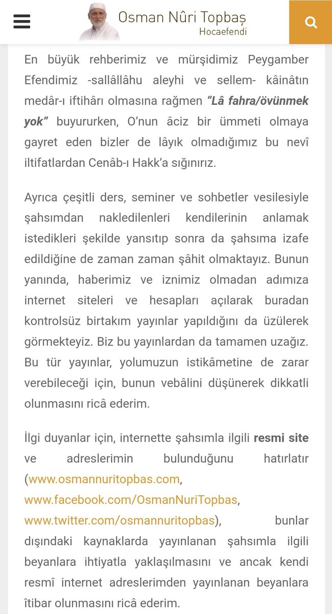 elkandahari's tweet photo. Osman Nuri Topbaş Hocaefendi'nin kendisi hakkındaki aşırı iltifata ve övgülere karşı müridan ve muhibbanına uyarısı:

Gerçekten hasret kaldığımız bir tavır... https://t.co/tmIdr0LUx9