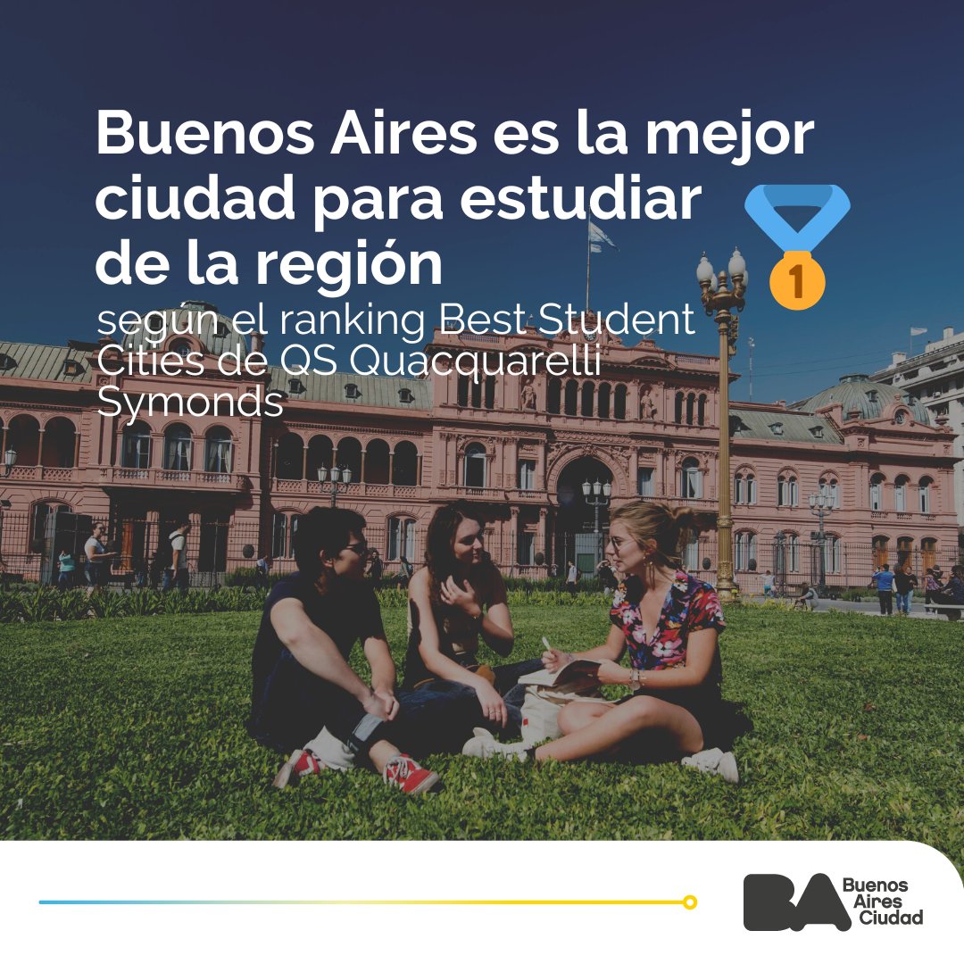 ¡Buenos Aires nuevamente #1 en ciudades para estudiar de la región! Según el ranking Best Student Cities de QS Quacquarelli Symonds. Además, somos #2 en Iberoamérica! 🎓🏙️ 
#QSWUR #BestStudentCities #StudentLife
>> buenosaires.gob.ar/noticias/bueno…
