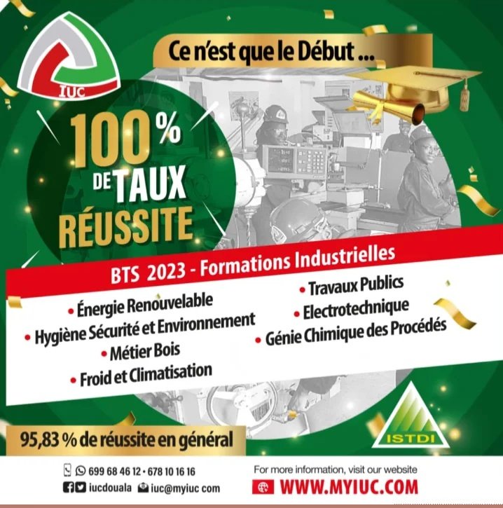 iucdouala's tweet photo. L'IUC et ses écoles cartonnent avec les 100%

Félicitations aux étudiants des filières industrielles et technologique.

#3iac #istdi #exam #exams2023 https://t.co/8cPdjX3m3E