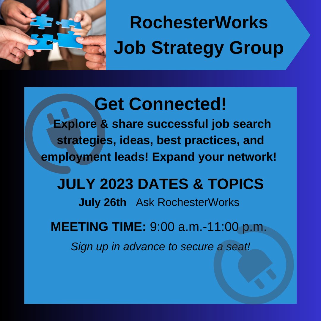 RochesterWorks's tweet photo. EVER WANTED TO HAVE THE EAR AND EXPERTISE OF A PROFESSIONAL CAREER COUNSELOR FROM THE CONVENIENCE OF YOUR OWN HOME? Our Ask RochesterWorks JSG meeting on JULY 26 lets you do just that! Sign up here:  https://t.co/upHlDAt2KG

#RWJSG  #JobSeekers #CareerAdvice #JobSearchStrategy https://t.co/5cOrktpcAw