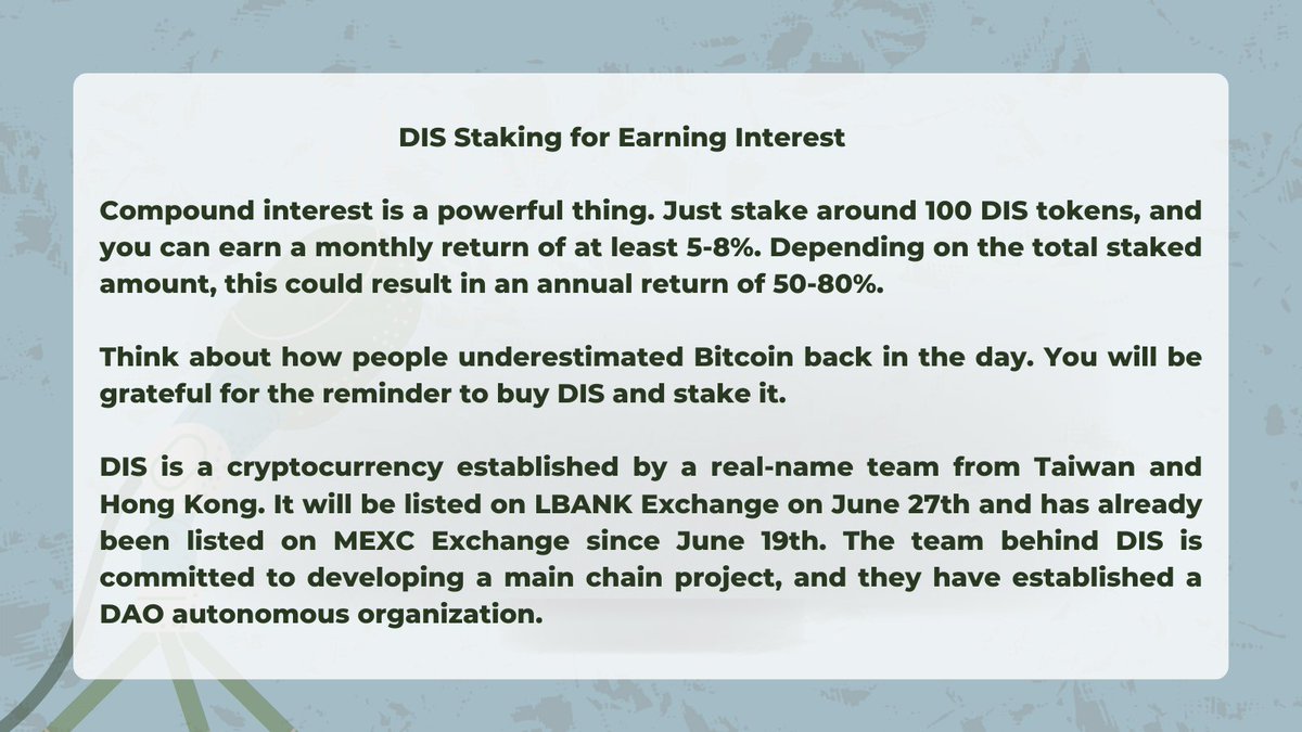 Meta_Mars's tweet photo. Staking Mining Tutorial: https://t.co/QwSAkWoVkm
Visit Our Twitter Page for more info: @Distoken_xyz
#DIS $DIS #Crypto #Bitcoin #Web3 https://t.co/cLksnzjYKV