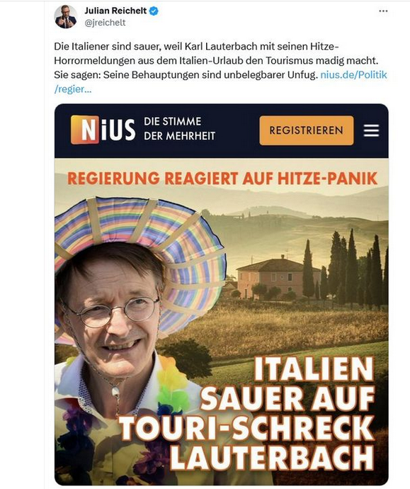 SandraKMeier's tweet photo. Nachdem seine Werte im #Siedlungsgebiet in den Keller fielen, ist der wirre Politclown Karl #Lauterbach  jetzt auch im Land der Stiefelinsassen unbeliebt. Die dortige Tourismusministerin erteilte ihm wegen seiner #HorrorHitze-#FakeTweets einen Rüffel!

https://t.co/4gn1op65mG https://t.co/e1HWyBAa74