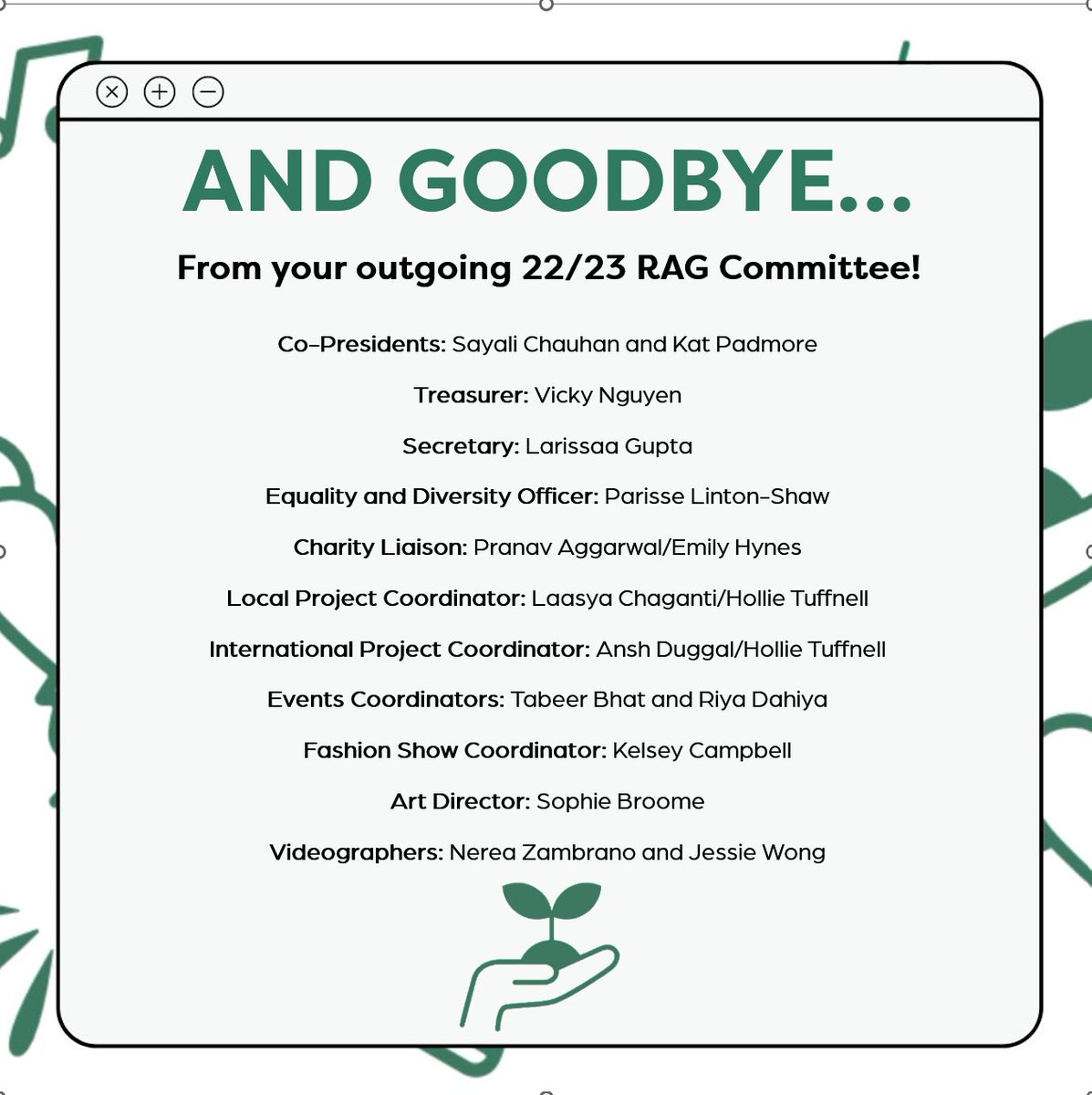 LeedsUniRAG's tweet photo. Congratulations to our newly elected committee for the academic year 2023/24!💚

We're so proud of our achievements this year. Thank you to all committee members for your hard work!

Good luck, incoming committee- and from Kat, Sayali and the 22/23 team, thank you and goodbye!💚 https://t.co/02ootm9yzn