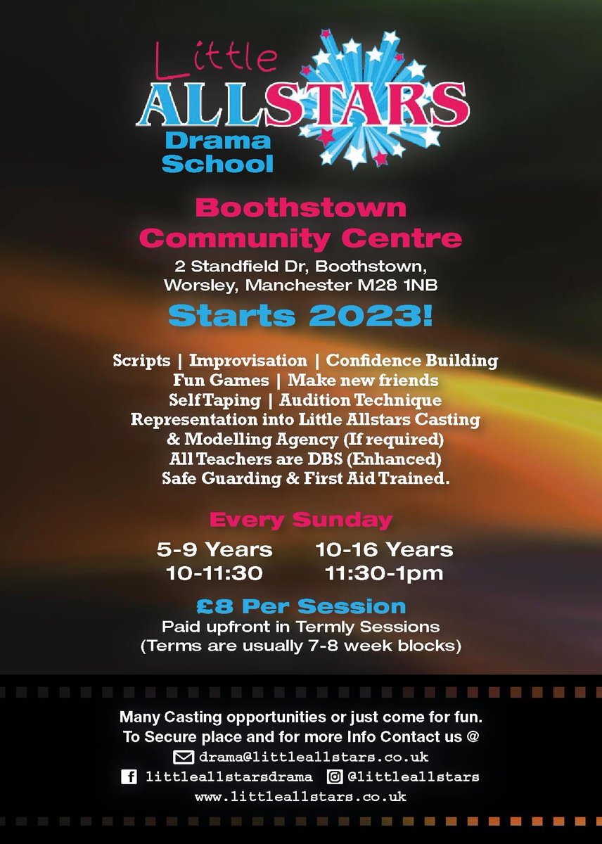 Little Allstars DramaSchool Boothstown Worsley Manchester Sun23rdJuly &amp; last one will be  
Sun30thJuly If you would like to come in for a taster session it's £10 for the day.We are opening up a few places ready for Sep so please email us to reserve drama@littleallstars.co.uk x