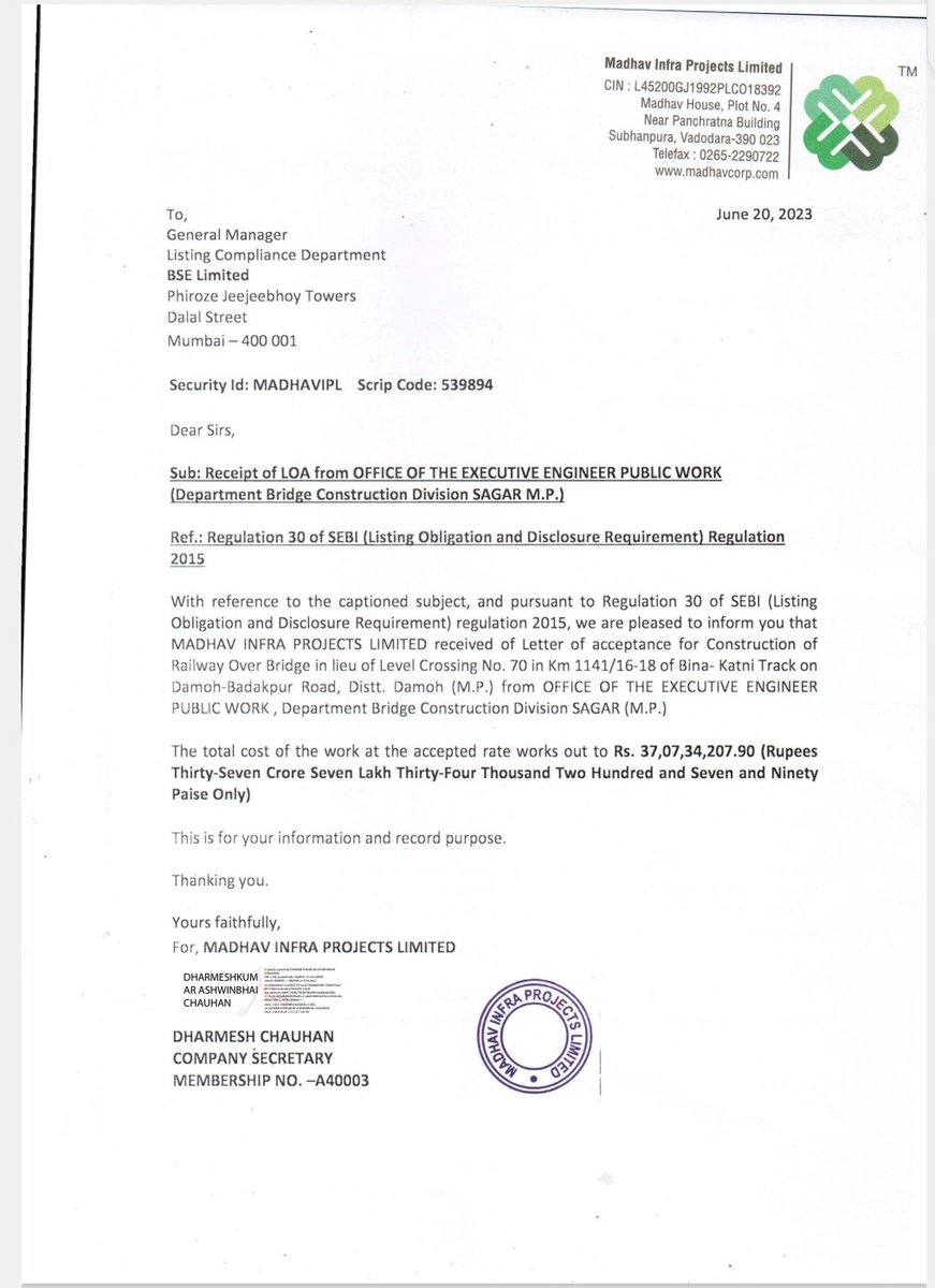 matters_penny's tweet photo. @D2SHAH Madhav Infra Projects Ltd
One month old news from 20 June 2023
New order received worth 37crore+ approx.
#MadhavIPL #orderreceived https://t.co/SLwNgV8Ils