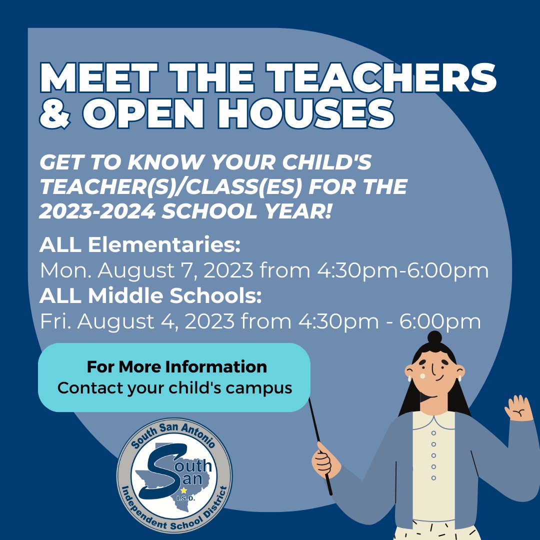 ssaisd's tweet photo. SSAISD elementary and middle school students are highly encouraged to attend the upcoming Meet the Teacher and Open House events scheduled for Aug. 4 &amp; 7.

Check the graphics below for specific timing, and for more information, contact your child's home campus. #nolimitsnobounds https://t.co/ShLT8LtYw6