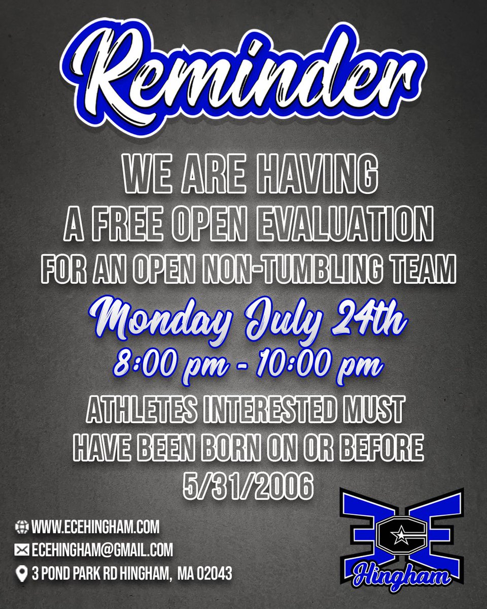 📢‼️ Calling all 18+ athletes ‼️📢

We are holding FREE open evaluations for an open non-tumbling team THIS Monday, July 24th from 8:00pm - 10:00pm 🤩‼️ 

We look forward to seeing you there!! 🤩 If you have any questions please contact us at ecehingham@gmail.com 💙🖤🤍