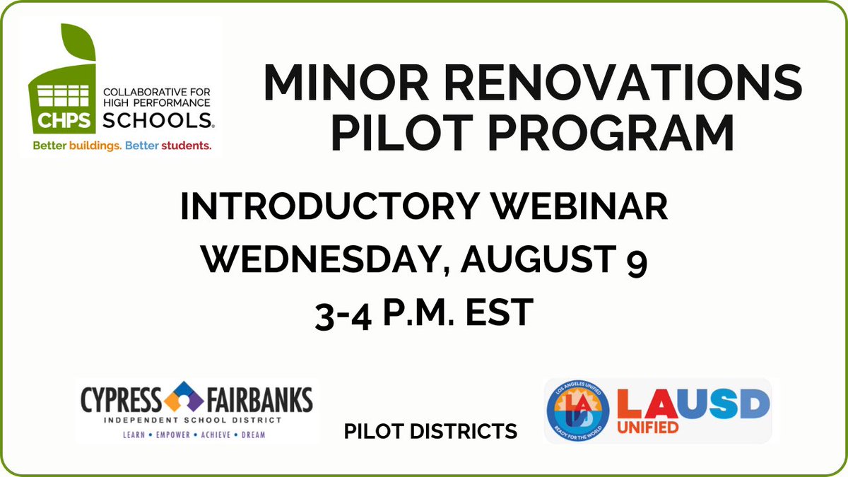 CHPS is excited to announce a new Minor Renovations Pilot Program aimed at helping smaller but critical school renovations get done using best practices. Find out more and register for our intro webinar here chps.net/minor-renovati…
