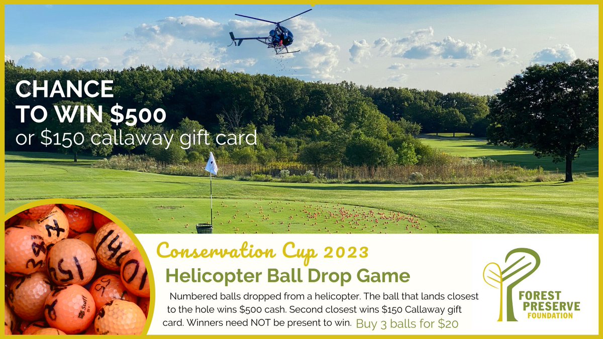 ForestPresFund's tweet photo. Numbered balls and a chance to win cash? How about golf balls dropped from a helicopter? Play and support the Forest Preserve Foundation and meaningful programs at the preserves! https://t.co/vuorxWCmbV

#conservation #youthjobs  #sponsorship #golfforgood @ecsoria, @themasink https://t.co/B8eqJ3EvAw