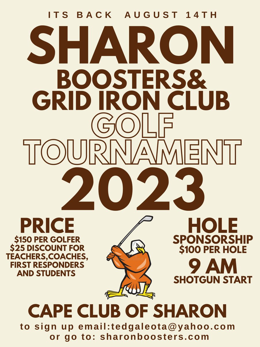 Attention alumni, family, and friends! You can still sign up for the Boosters &amp; Grid Iron Golf Fundraiser! Sign up to play or sponsor a hole at sharonboosters.com