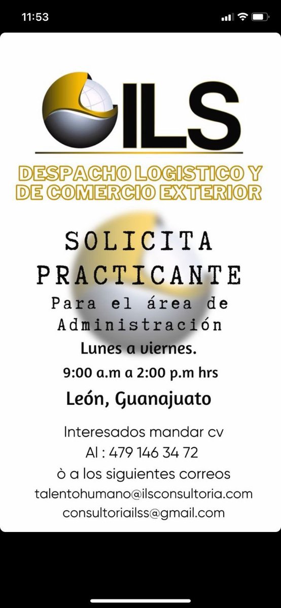 ilsconsultoria's tweet photo. 🚨🚨🚨 ‼️‼️
Alguna recomendación;  U N E T E a nuestro equipo de trabajo, estamos contratando  —-> practicantes de COMERCIO EXTERIOR y de ADMINISTRACIÓN.

📱479-1463472 / 477-1484185 
📧 info@ilsconsultoria.com https://t.co/ZLIESBN2ak