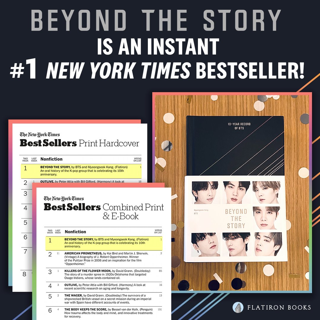 Congratulations, BTS and Myeongseok Kang, BEYOND THE STORY : 10-YEAR RECORD OF BTS is officially a #1 New York Times bestseller! 🎉🎉🎉 #BEYOND_THE_STORY #BTS #방탄소년단 #FLATIRONBOOKS