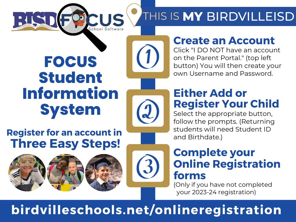 BISD has transitioned to a new student information system for 23-24. 1. Create an Account ✔️ 2. Either Add or Register Your Child✔️ 3. Complete your Online Registration forms✔️ Visit birdvilleschools.net/onlineregistra…