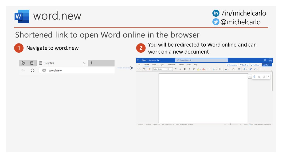 If you need to quickly create a Word document but don't have MS Word installed in your computer, you can navigate to 'word.new' and you will be able to create a new Word document in the browser using Word Online😊
#Microsoft365 #ModernWorkplace #Word #Office