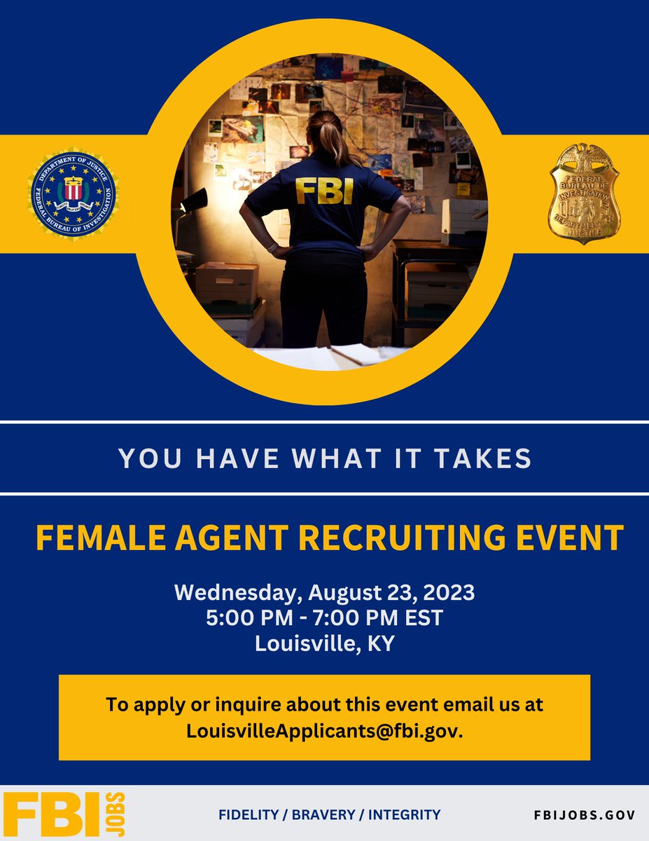 As part of the FBI’s pledge to the 30x30 initiative, aiming to bring more women into policing to improve public safety, community outcomes, and trust in law enforcement, FBI Louisville will host a Female Agent Recruiting Event on August 23, 2023, in Louisville, Kentucky.