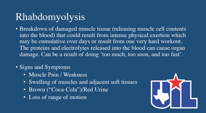 RT @teamsafesports: The @uiltexas added Rhabdomyolysis to its mandated coach Safety Training

3 slides https://t.co/NXxNjH4MB2