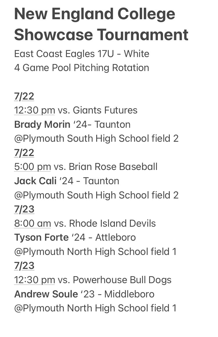 Mike Cali (@super_cali1) on Twitter photo <a href="/ECEaglsBsb/">East Coast Eagles</a> 17u white pitching rotation for the New England College Showcase Tournament this weekend <a href="/brady_morin8/">Brady Morin</a> <a href="/Jack_Cali7/">Jack Cali</a> <a href="/TysonForte/">Tyson Forte</a> <a href="/SouleAndrew/">Andrew Soule</a> <a href="/DirtyTBaseball/">Taunton Baseball</a> @AHSbaseball2023 <a href="/SachemsBaseball/">Middleboro Sachem Baseball</a> <a href="/ECEaglsBsb/">East Coast Eagles</a> 17u white pitching rotation for the New England College Showcase Tournament this weekend <a href="/brady_morin8/">Brady Morin</a> <a href="/Jack_Cali7/">Jack Cali</a> <a href="/TysonForte/">Tyson Forte</a> <a href="/SouleAndrew/">Andrew Soule</a> <a href="/DirtyTBaseball/">Taunton Baseball</a> @AHSbaseball2023 <a href="/SachemsBaseball/">Middleboro Sachem Baseball</a>