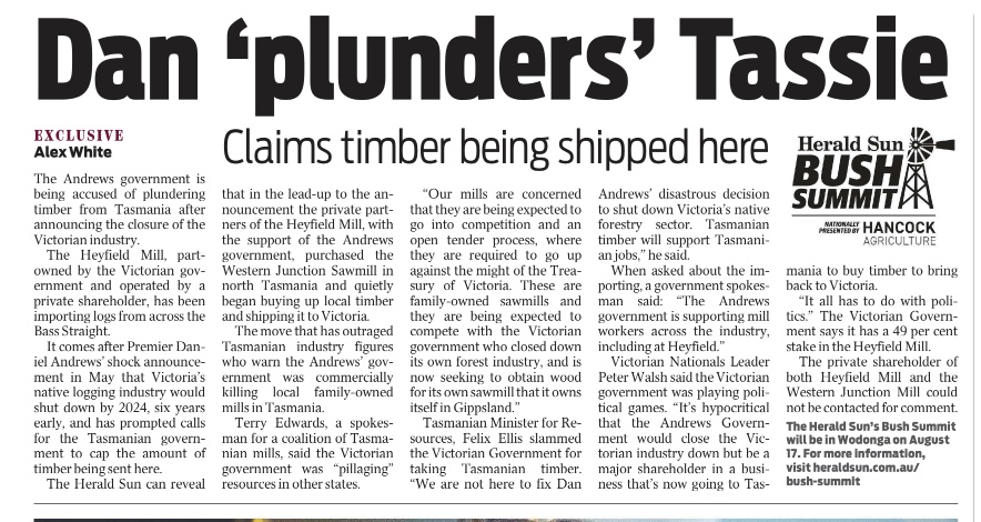 hrhmackenzie's tweet photo. 💥💥 Dan Andrews destroys the Timber Industry in Victoria but secretly pillages timber from Tasmania. He needs psychiatric help. https://t.co/oodL4Xxo0l