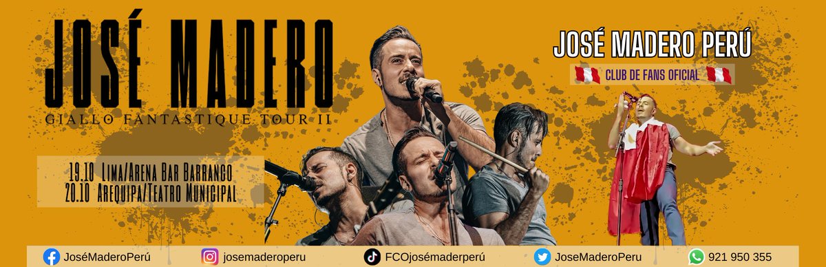 🎉 🇵🇪 JOSÉ MADERO REGRESA A PERÚ 🇵🇪 🎉

El cantautor mexicano José Madero Vizcaíno🤠 vuelva a nuestro país como parte de su #GialloFantastiqueTourII💛 en un #ShowPropio🎊 con todos sus éxitos...🤩

Últimos boletos: Joinnus
José Madero Vizcaíno en Lima y Arequipa !! 🇵🇪🇵🇪🇵🇪