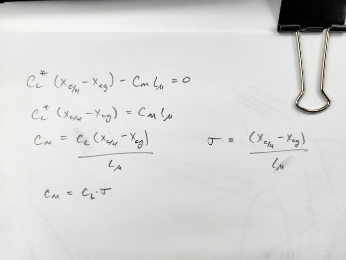 YumiBod⚡ - 3 pic. I'm designing a flying wing ultralight, electric powered. You can't just pick any high lift airfoil you want. You need to balance the pitching moments to achieve stability. Here's the equation for computing the stability coefficient. CG needs to be forward of CP (neutral point). https://t.co/tr0rPVJCMh