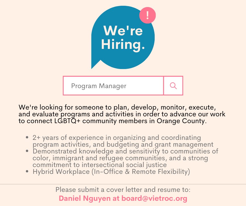 Job announcement! We're hiring a Program Manager to join our small and mighty team! You can find the roles, duties, and requirements for this position in our Linktree.

Please share with anyone you think would be interested! For any questions, please email board@vietroc.org.