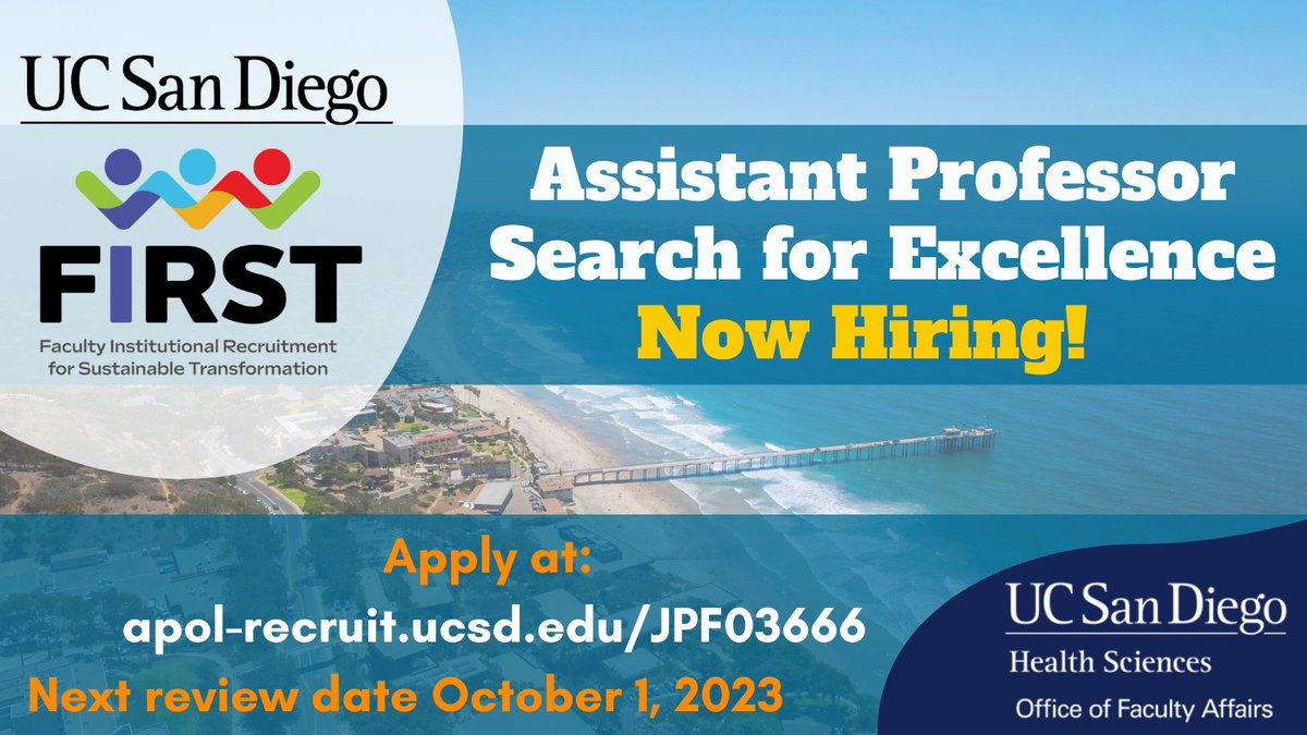 The next cycle of the applications is now open! UCSD is hiring new diverse Assistant Professors through the #NIHFIRST Program! First review date: Oct. 1st. Learn more at first.ucsd.edu. Apply now at apol-recruit.ucsd.edu/JPF03666